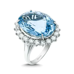 Simon G. Aquamarine Halo Ring in Platinum with Diamonds New